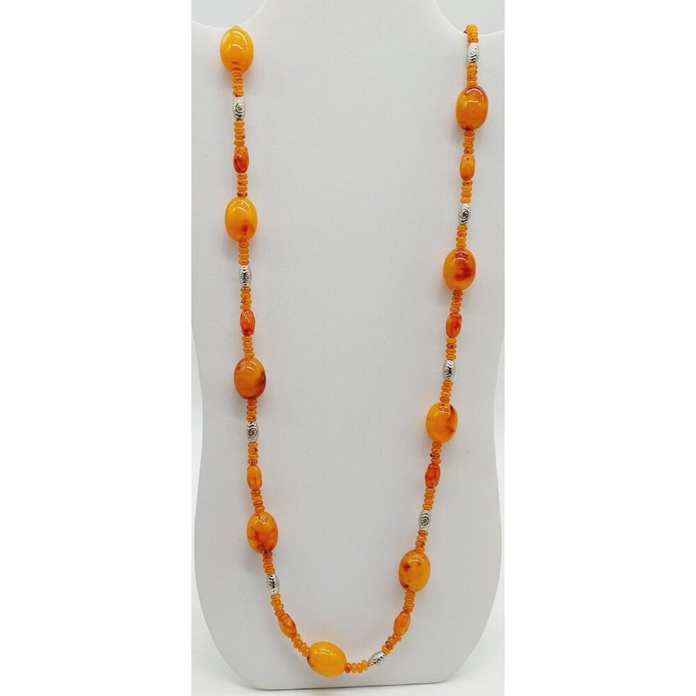 Orange Beaded Necklace Acrylic Silver Tone Bead 18"